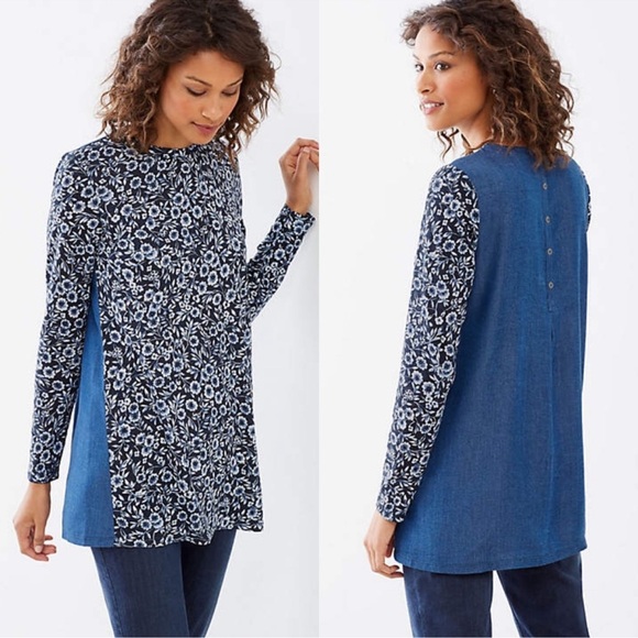 J. Jill Blue Floral Chambray Buttoned Back Tunic Top Women’s Large - Picture 1 of 11